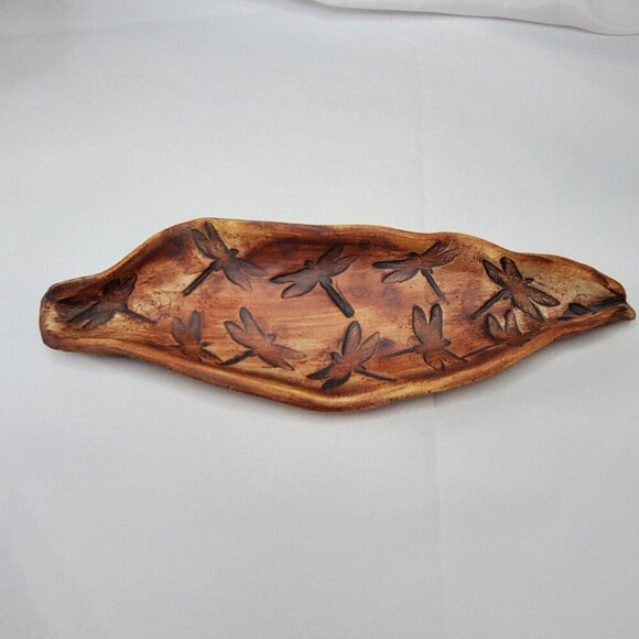 Hand-made Pottery Dragonfly Leaf-Shaped Jewelry Trinket Tray Dish 9.5" Long - Picture 1 of 14